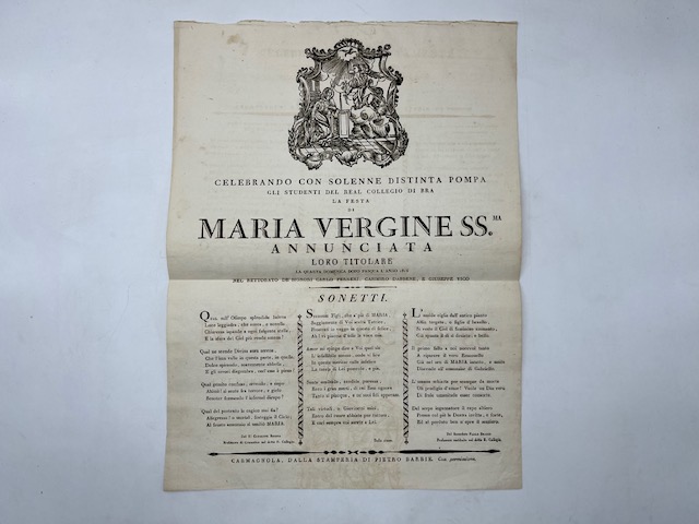 Celebrando con solenne distinta pompa gli studenti del Real Collegio di Bra la festa di Maria Vergine SS.ma Annunciata loro titolare...